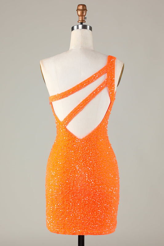 Sequins One-Shoulder Orange Tight Beading Short Homecoming Dress