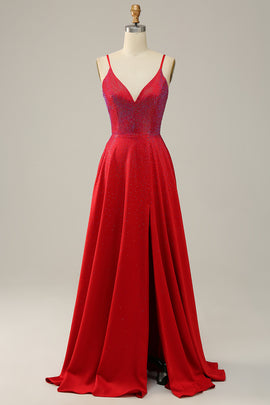 A Line Sparkly V Neck Red Backless Long Prom Dress