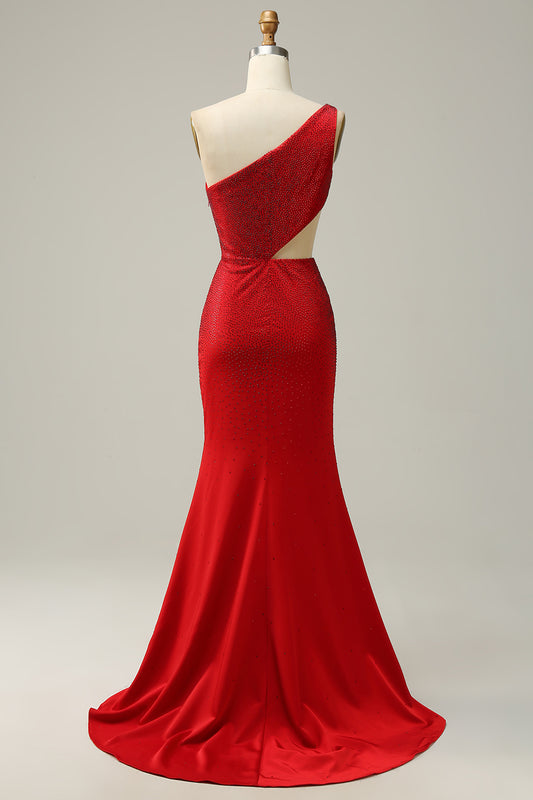 Red One Shoulder Sparkly Sequins Prom Dress with Slit