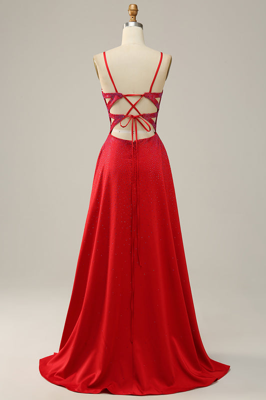 A Line Sparkly V Neck Red Backless Long Prom Dress