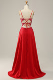 A Line Sparkly V Neck Red Backless Long Prom Dress