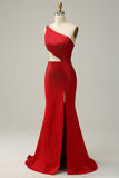 Red One Shoulder Sparkly Sequins Prom Dress with Slit
