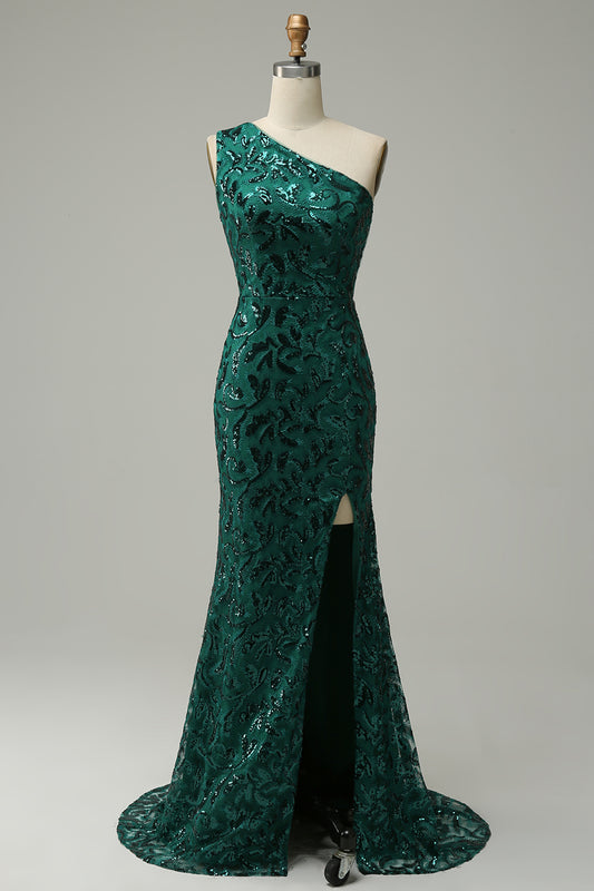 Sparkly Mermaid Peacock Blue Long Prom Dress with Slit