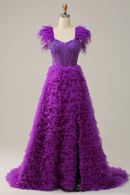 Sparkly Purple Beaded Tiered Long Prom Dress with Ruffles