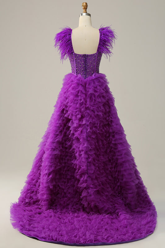 Sparkly Purple Beaded Tiered Long Prom Dress with Ruffles