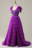 Sparkly Purple Beaded Tiered Long Prom Dress with Ruffles