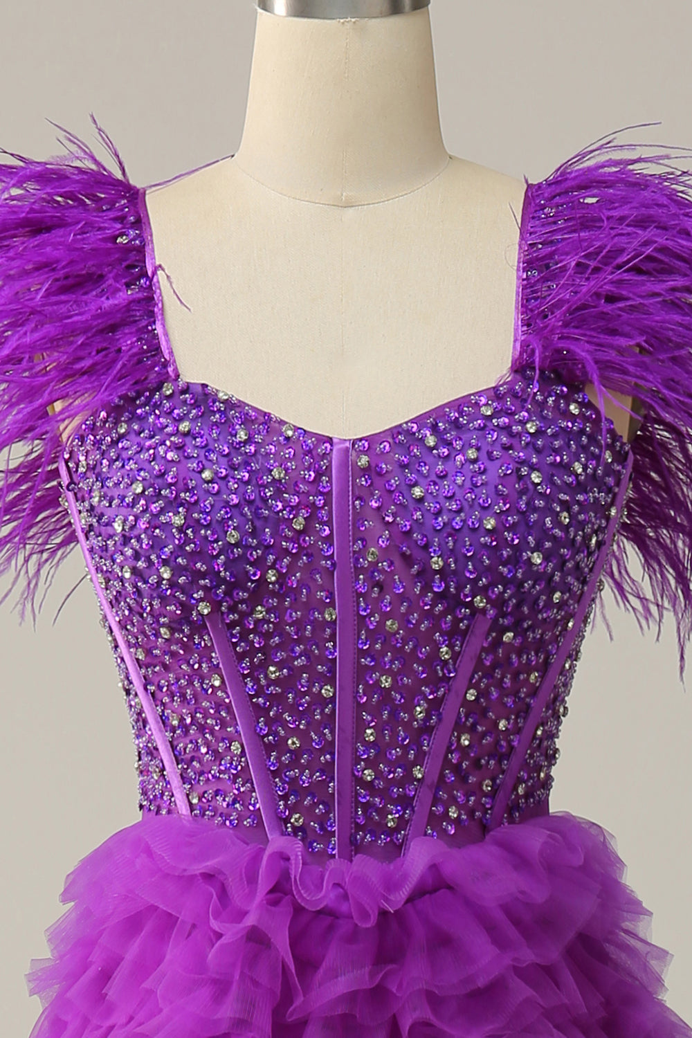 Sparkly Purple Beaded Tiered Long Prom Dress with Ruffles