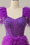 Sparkly Purple Beaded Tiered Long Prom Dress with Ruffles