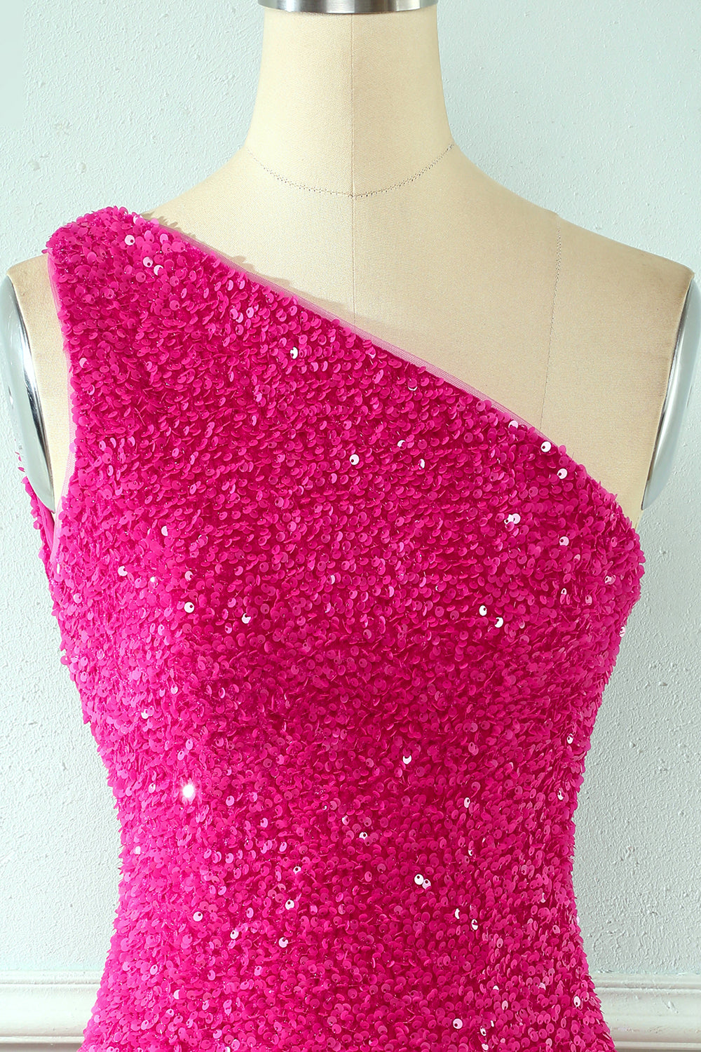 Hot Pink One Shoulder Sequins Tight Homecoming Dress