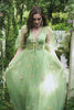 A-Line V-Neck Embroidery Green Long Prom Dress with Short Sleeves