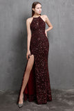 Burgundy Sequin Long Party Dress with Slit