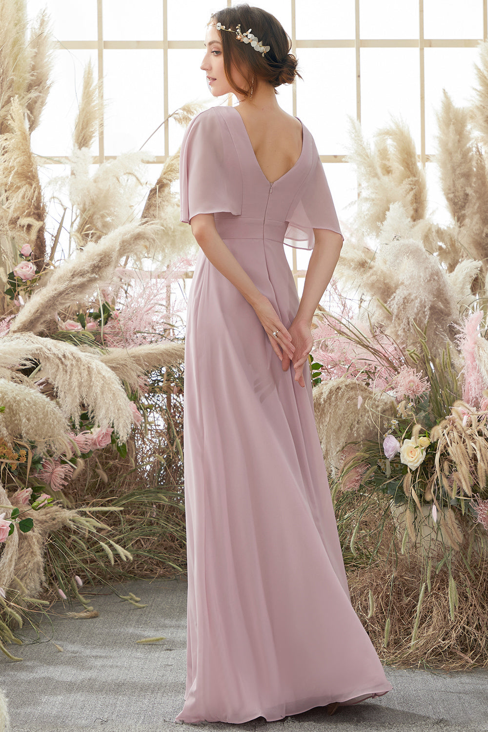 Blush chiffon dress with sleeves sale