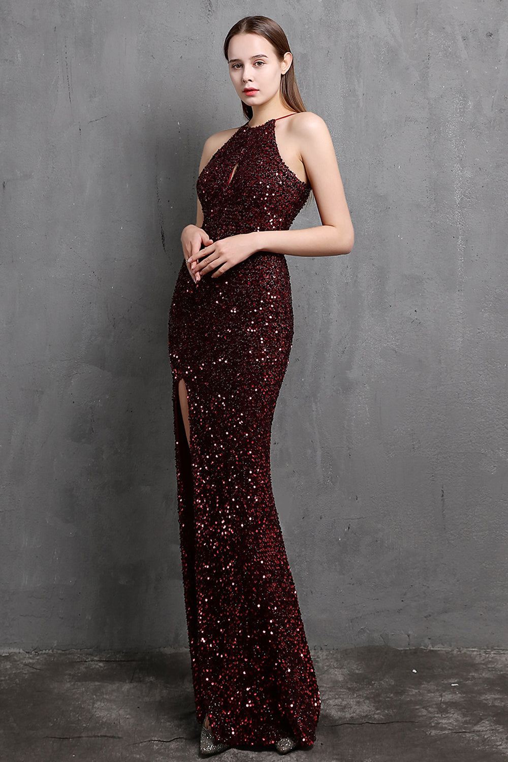 Burgundy Sequin Long Party Dress with Slit