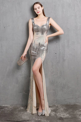 Gold Mermaid Sequin V Neck Prom Dress