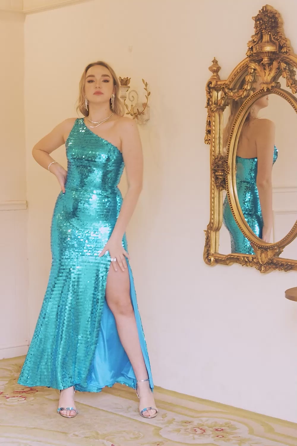 Sparkly Blue Sequins One Shoulder Long Prom Dress with Slit
