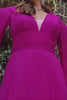 A Line Deep V Neck Dark Fuchsia Plus Size Prom Dress with Long Sleeves