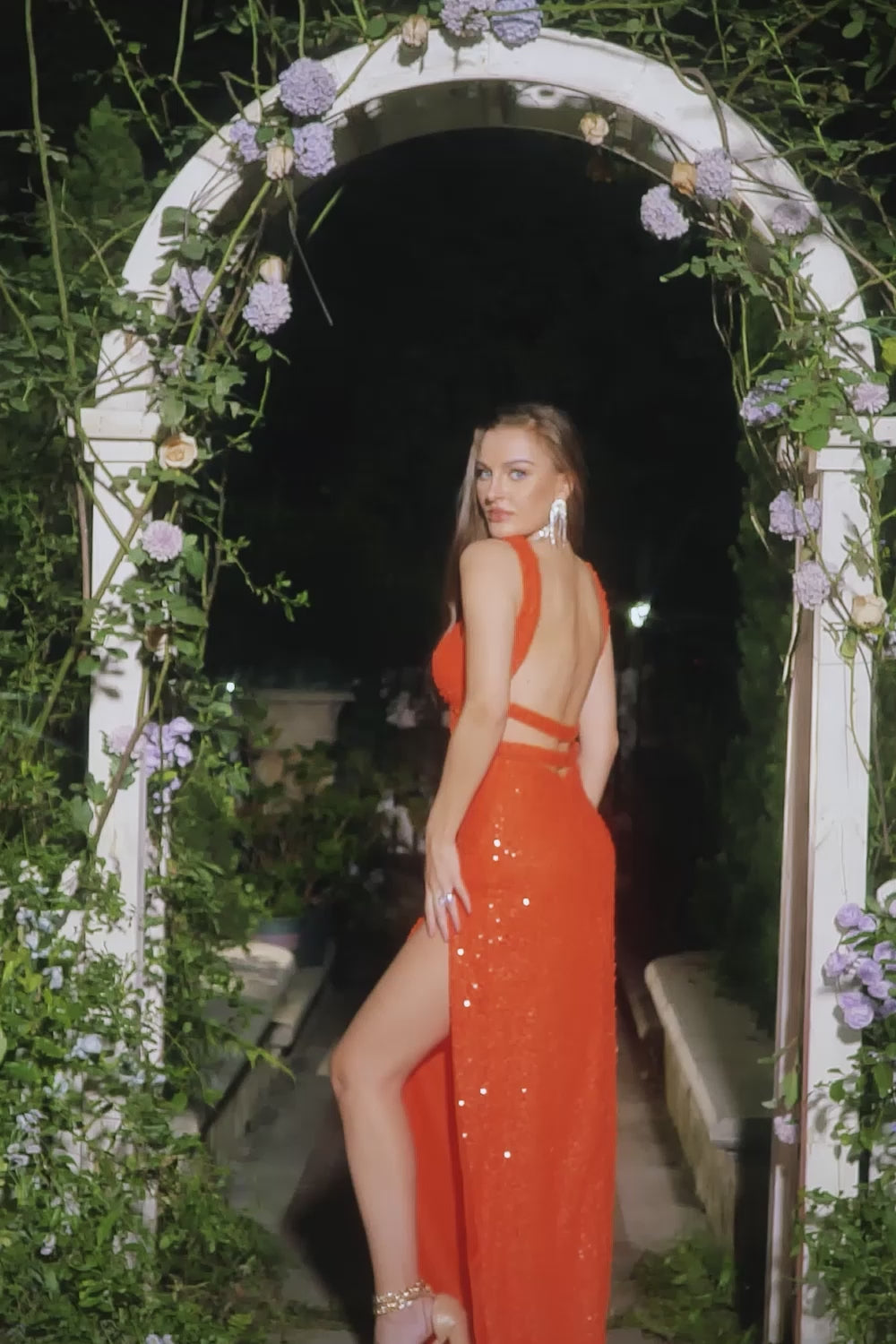 Orange Sequins Halter Prom Dress With Slit