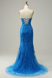 Mermaid Royal Blue Sweetheart Corset Back Prom Dress With Appliques