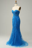 Mermaid Royal Blue Sweetheart Corset Back Prom Dress With Appliques