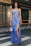 Trendy Mermaid V Neck Light Blue Long Prom Dress with Appliques Slit