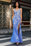 Trendy Mermaid V Neck Light Blue Long Prom Dress with Appliques Slit