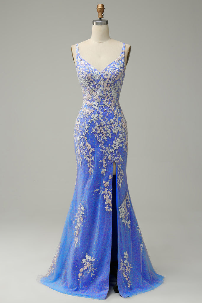 Light Blue V Neck Mermaid Appliques Long Prom Dresses,DP642