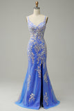 Mermaid V Neck Light Purple Beaded Long Prom Dress with Appliques