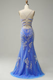 Mermaid V Neck Light Blue Beaded Long Prom Dress with Appliques