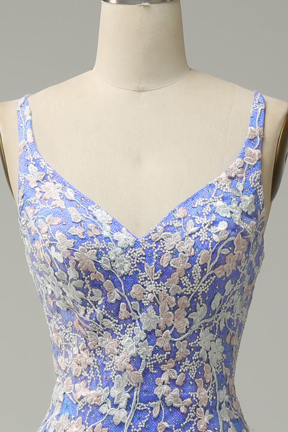 Mermaid V Neck Light Purple Beaded Long Prom Dress with Appliques