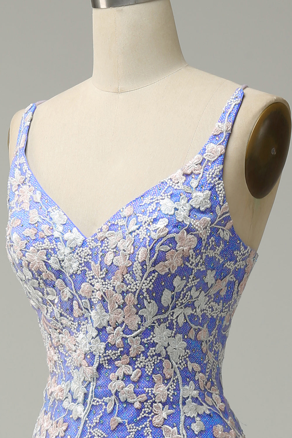 Mermaid V Neck Light Purple Beaded Long Prom Dress with Appliques