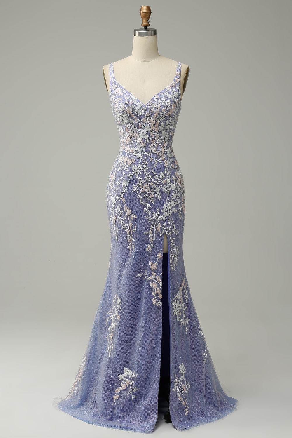 Mermaid V Neck Light Purple Beaded Long Prom Dress with Appliques