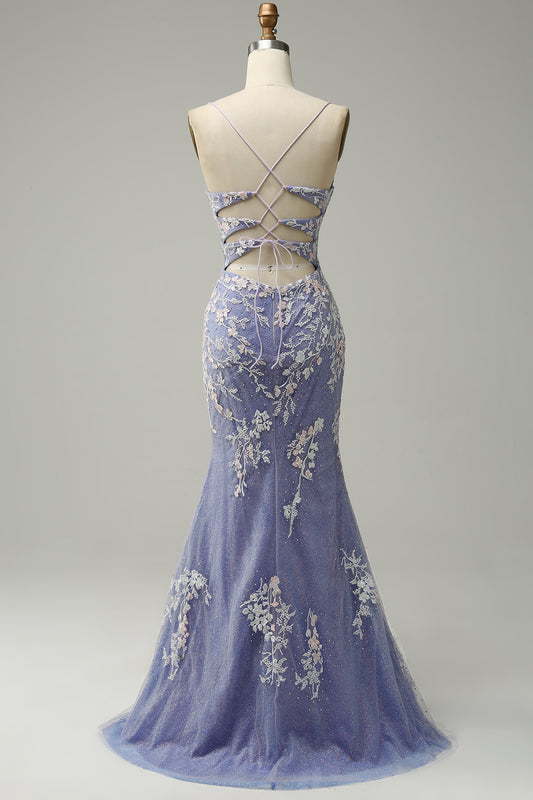Mermaid V Neck Light Purple Beaded Long Prom Dress with Appliques