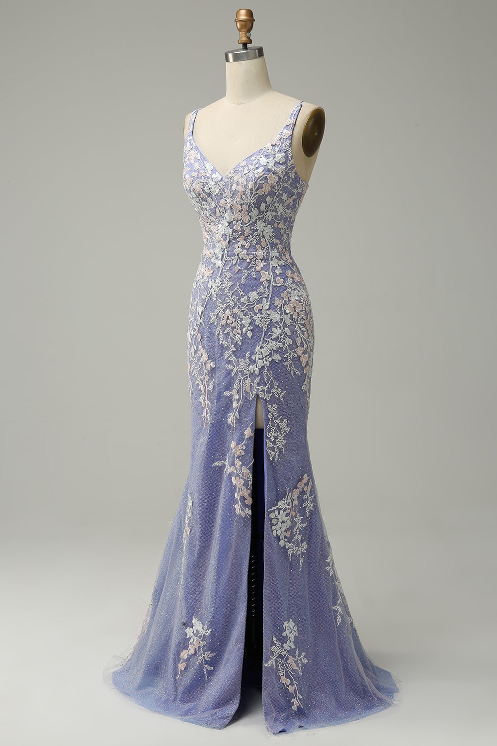 Mermaid V Neck Light Purple Beaded Long Prom Dress with Appliques