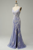 Mermaid V Neck Light Purple Beaded Long Prom Dress with Appliques