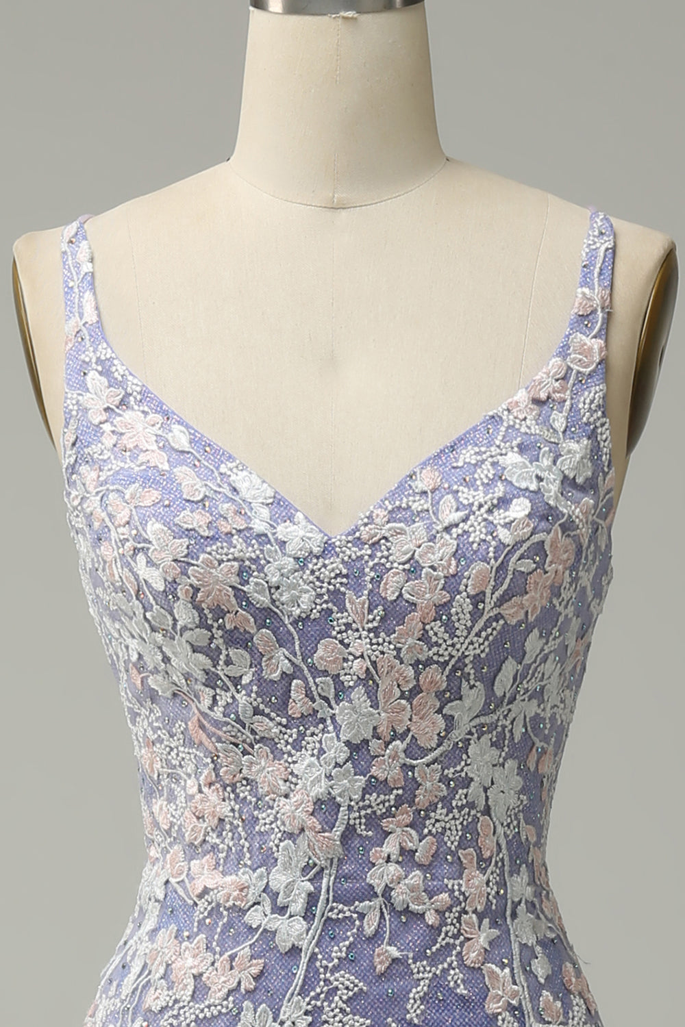 Mermaid V Neck Light Purple Beaded Long Prom Dress with Appliques