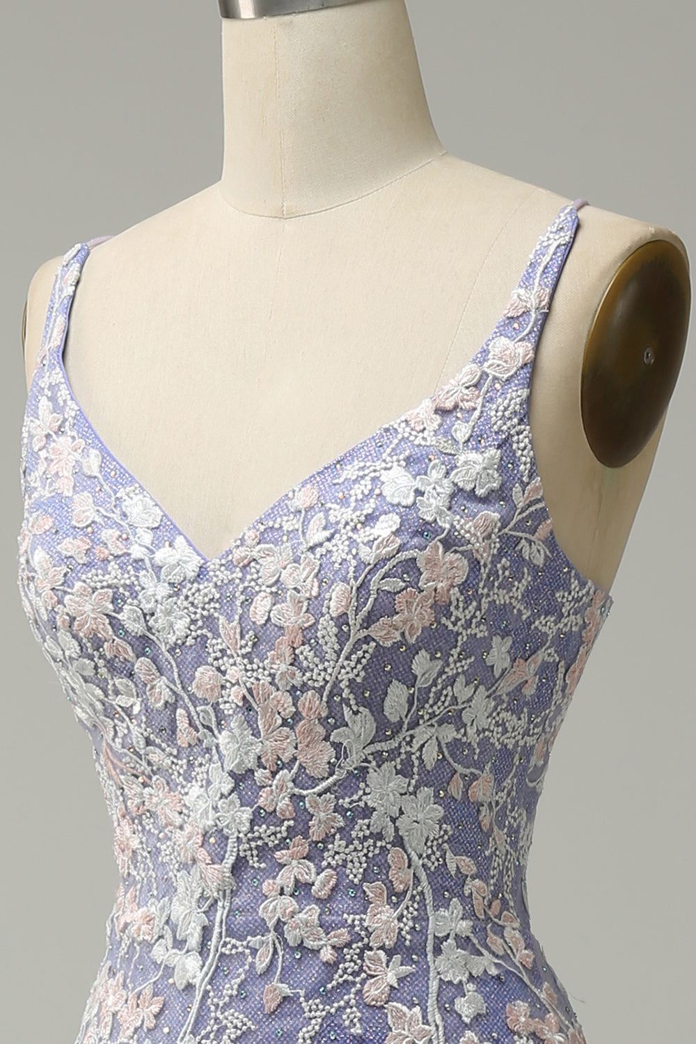 Mermaid V Neck Light Purple Beaded Long Prom Dress with Appliques