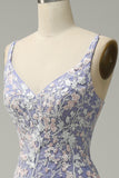 Mermaid V Neck Light Purple Beaded Long Prom Dress with Appliques