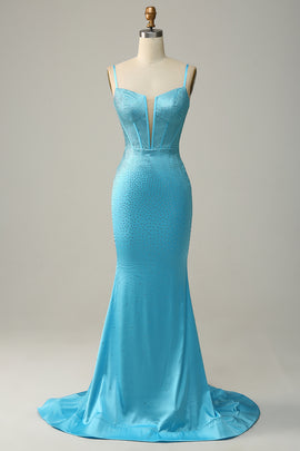 Mermaid Blue Corset Sequins Long Prom Dress