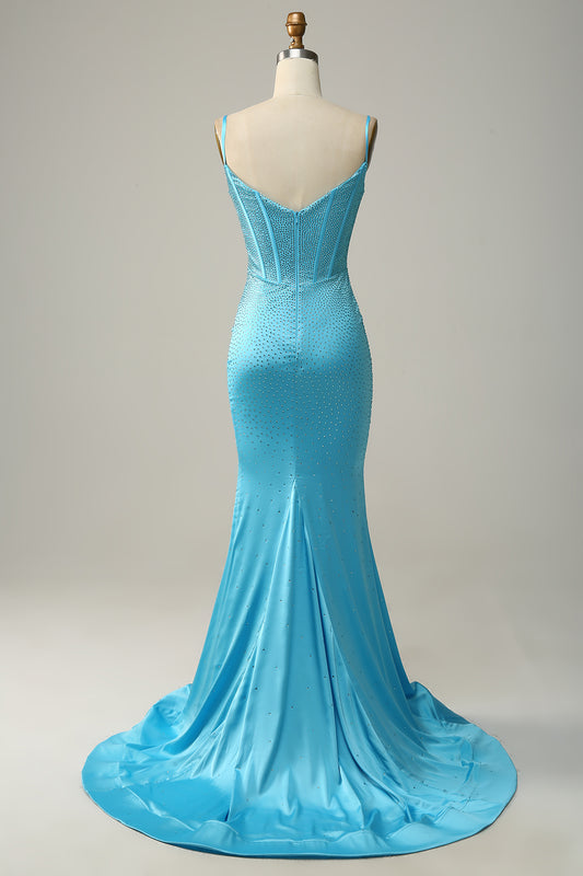 Mermaid Blue Corset Sequins Long Prom Dress