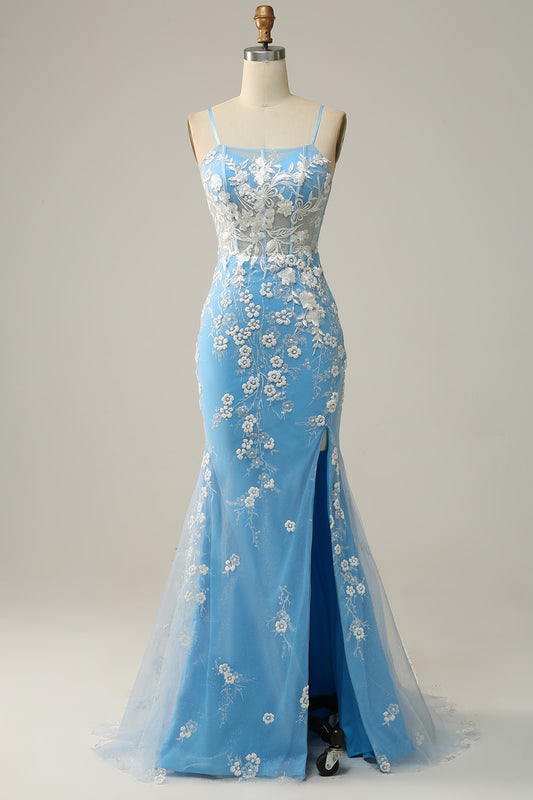 Blue Open Back Mermaid Lace Prom Dress with Slit