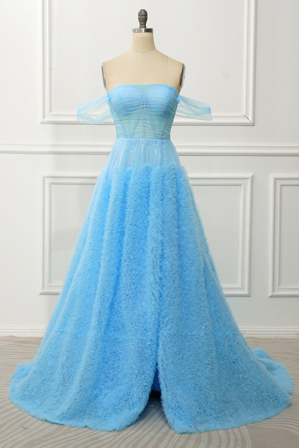 A-Line Tiered Blue Off The Shoulder Tulle Prom Dress