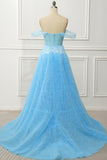 A-Line Tiered Blue Off The Shoulder Tulle Prom Dress