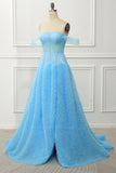 A-Line Tiered Blue Off The Shoulder Tulle Prom Dress