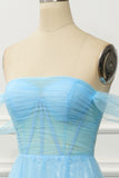 A-Line Tiered Blue Off The Shoulder Tulle Prom Dress