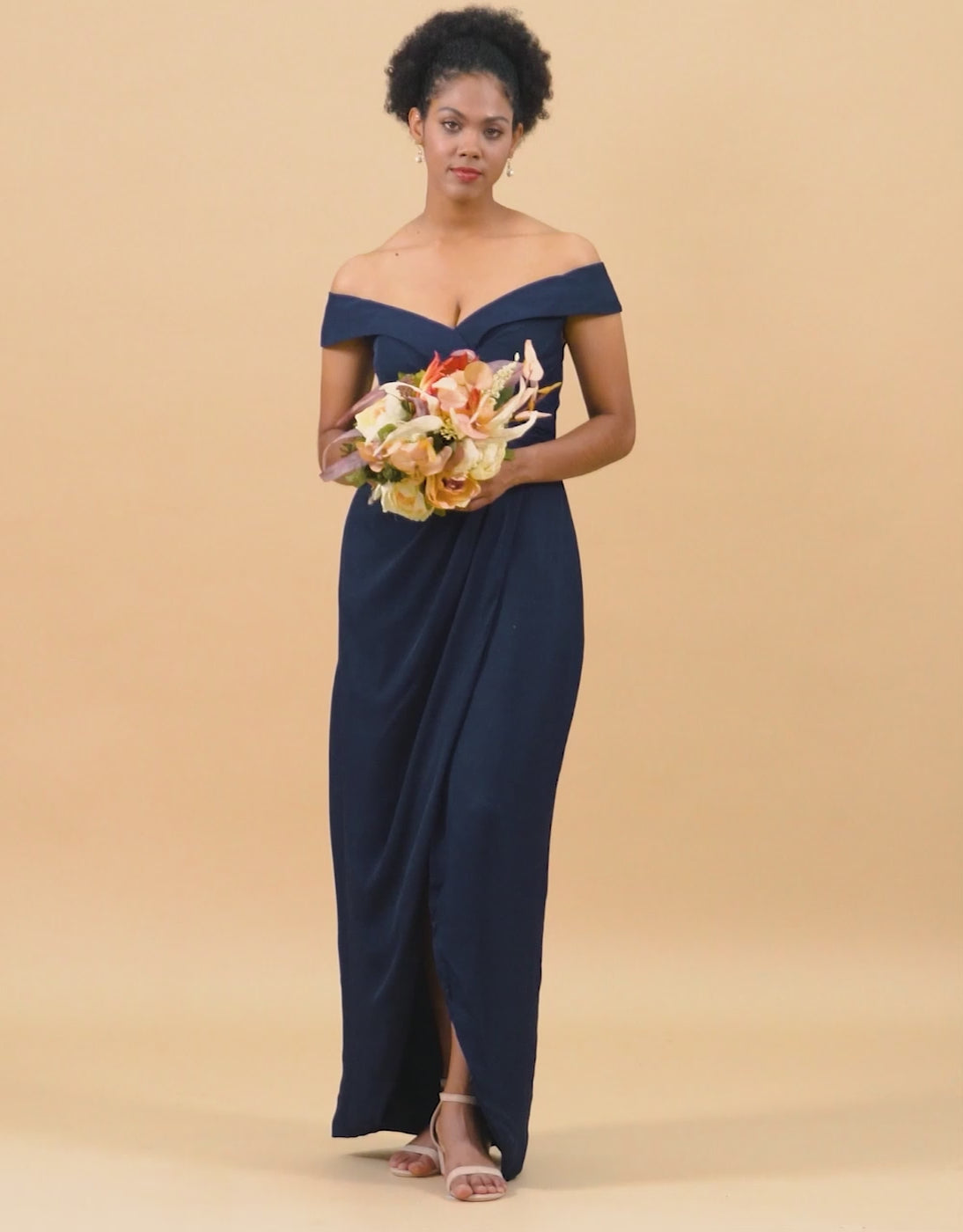 Off-the-Shoulder Navy Asymmetrical Satin Bridesmaid Dress