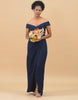 Off-the-Shoulder Navy Asymmetrical Satin Bridesmaid Dress