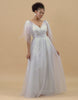 V-neck Grey Tulle Long Bridesmaid Dress
