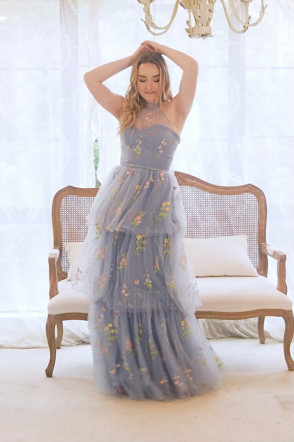 Halter Grey Blue A-Line Tulle Prom Dress with Embroidery