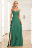 A Line Spaghetti Straps Dark Green Long Wedding Guest Dress