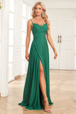 A Line Spaghetti Straps Dark Green Long Wedding Guest Dress
